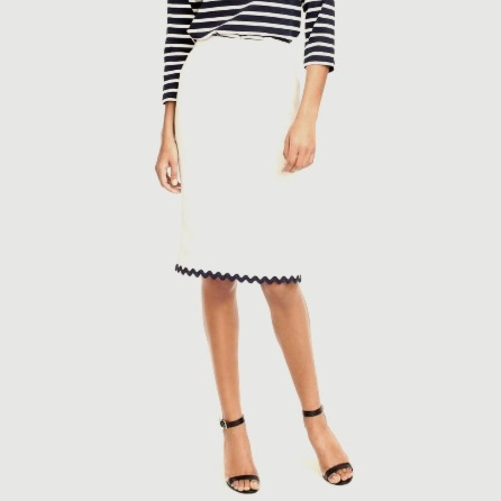 J.Crew White Linen Pencil Skirt with Navy Rickrack Trim Size 2